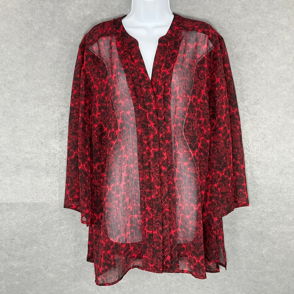 Maggie Barnes Catherines Sheer Paisley Print Blouse Kimono Sleeve Red Black 2X